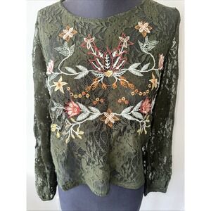 Coco + Jaimeson‎ Forest Green Lace Top Size L Lo G Sleeve